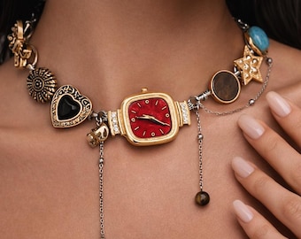 Y2K Style Whimsical Choker with Watch Charm, Multi-Element Necklace With Heart / Star / Butterfly Charms