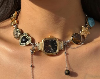 Vintage Gold Watch Charm Choker Necklace, Eklektik Y2K Whimsical Jewelry, Handmade Statement Timepiece Heart and Star Necklace