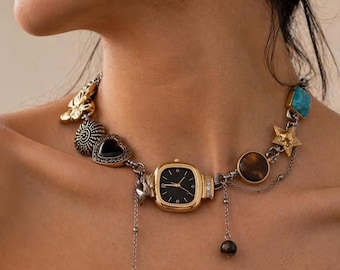 Vintage Faux Gold Watch Charm Choker Necklace, Eklektik Y2K Whimsical Jewelry, Handmade Statement Timepiece Heart and Star Necklace