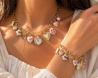 Pink Ceramic European Summer Charm Necklace Gold, Heart Watch Pendant Fish Star Bow, Whimsical Coquette Y2K Jewelry