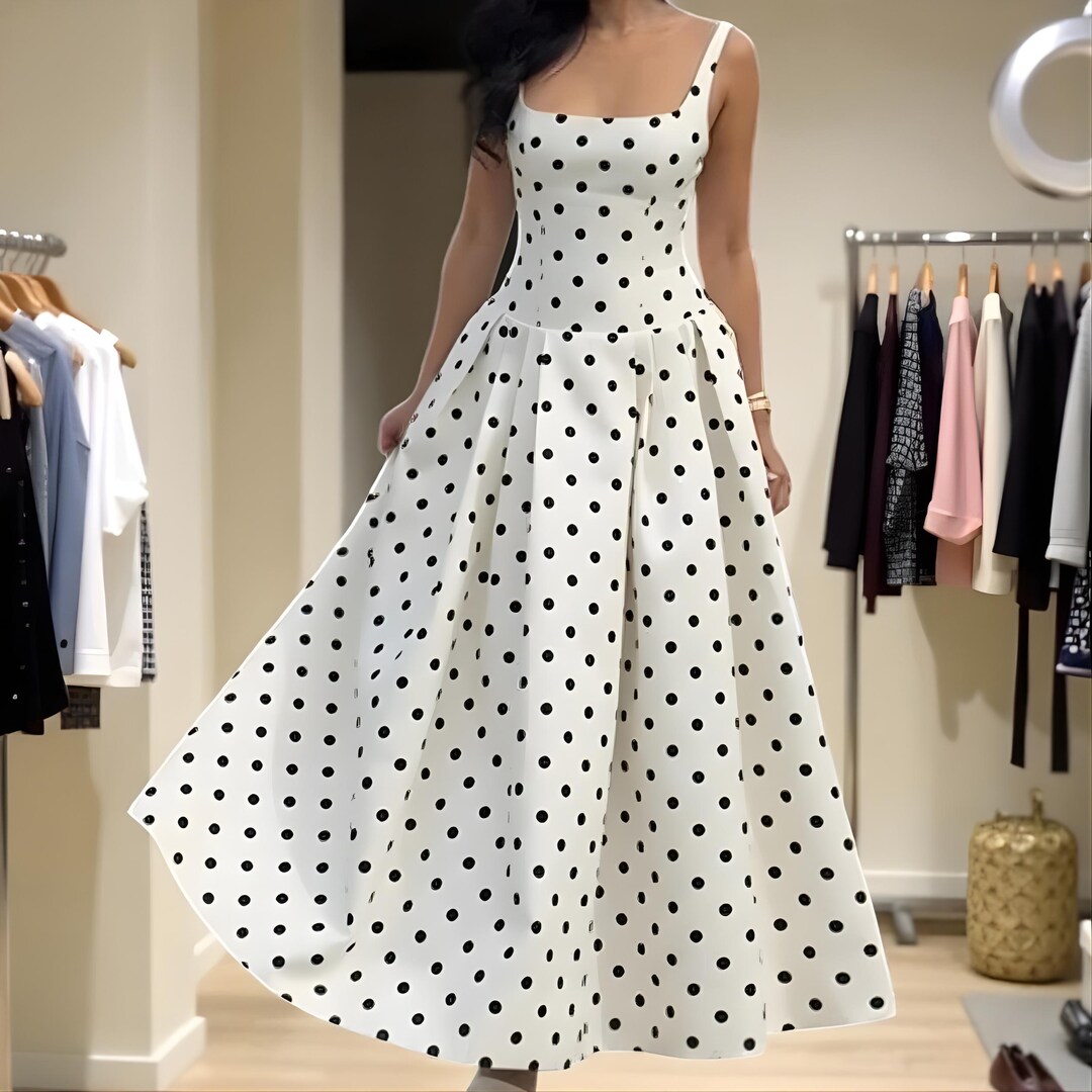 ELEGANT POLKA DOT PATCHWORK SQUARE NECK SLEEVELESS DRESS