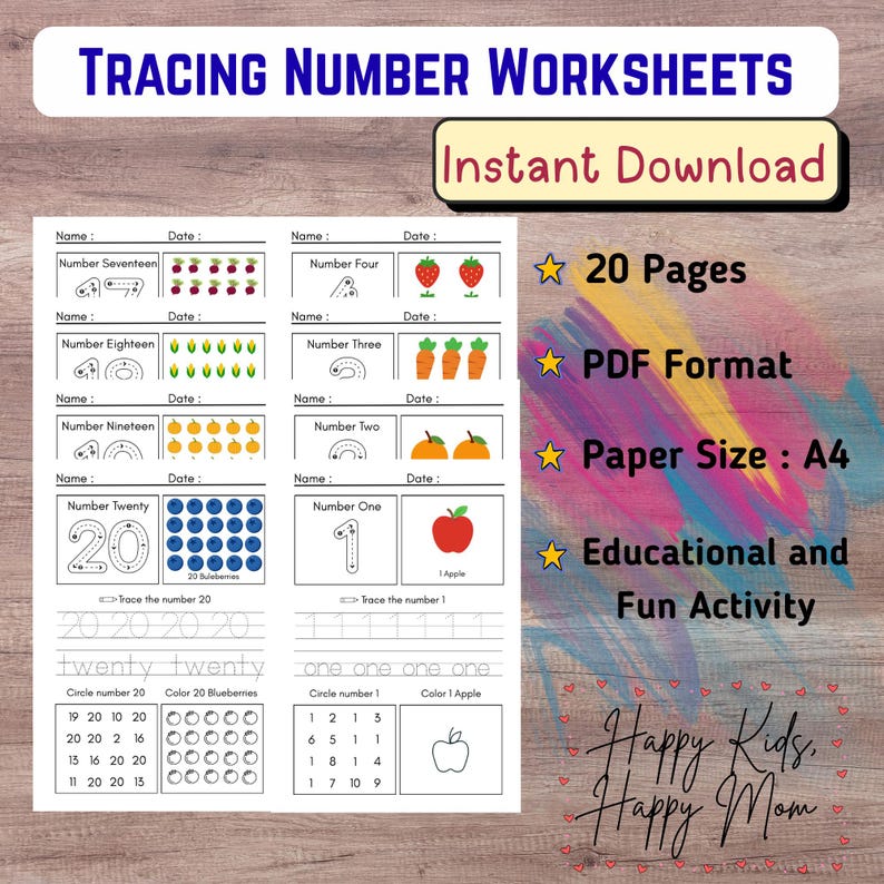 Number Tracing Worksheet 1–20 | Printable Preschool Math Activity ...