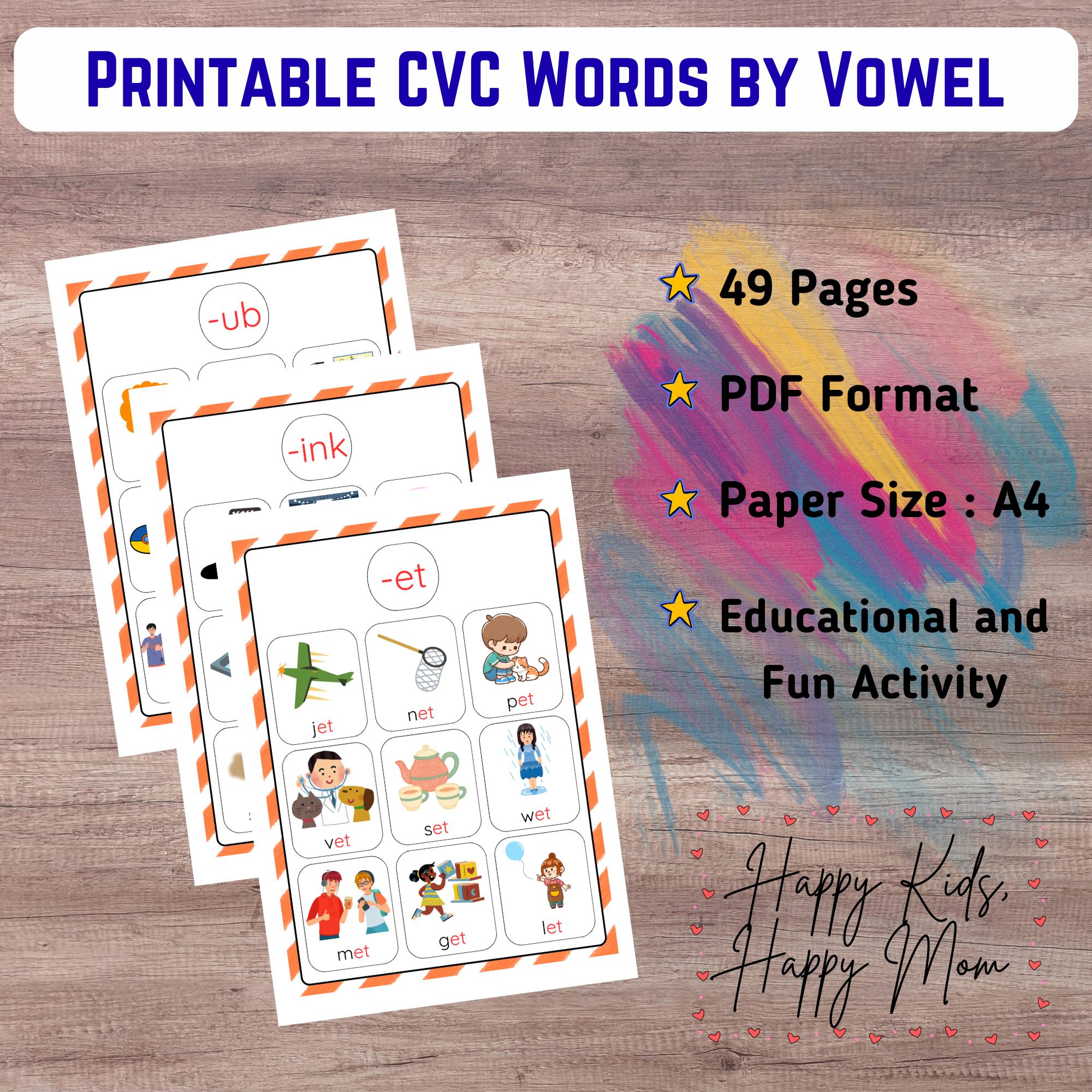 CVC Words Learning Cards | Phonics, Visual Reading, A4 (PDF Download ...