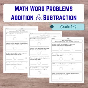 Op de afbeelding: Drie witte educatieve werkbladen getiteld Math Word Problems Addition & Subtraction Grade 1-2. Elke pagina bevat meerdere wiskundige tekstproblemen met lege ruimtes voor namen, datums en numerieke antwoorden voor eenvoudige rekenkunde.