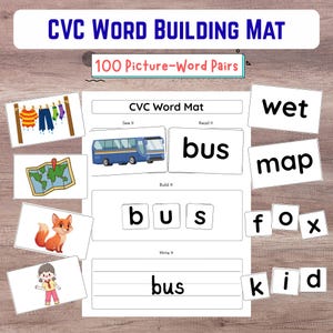 Puede incluir: Una alfombrilla educativa CVC Word Building Mat con el texto CVC Word Building Mat y 100 Picture-Word Pairs. La alfombrilla incluye secciones para See It, Read It, Build It y Write It, acompañadas de tarjetas ilustradas de un autobús, un mapa, un zorro y un niño.