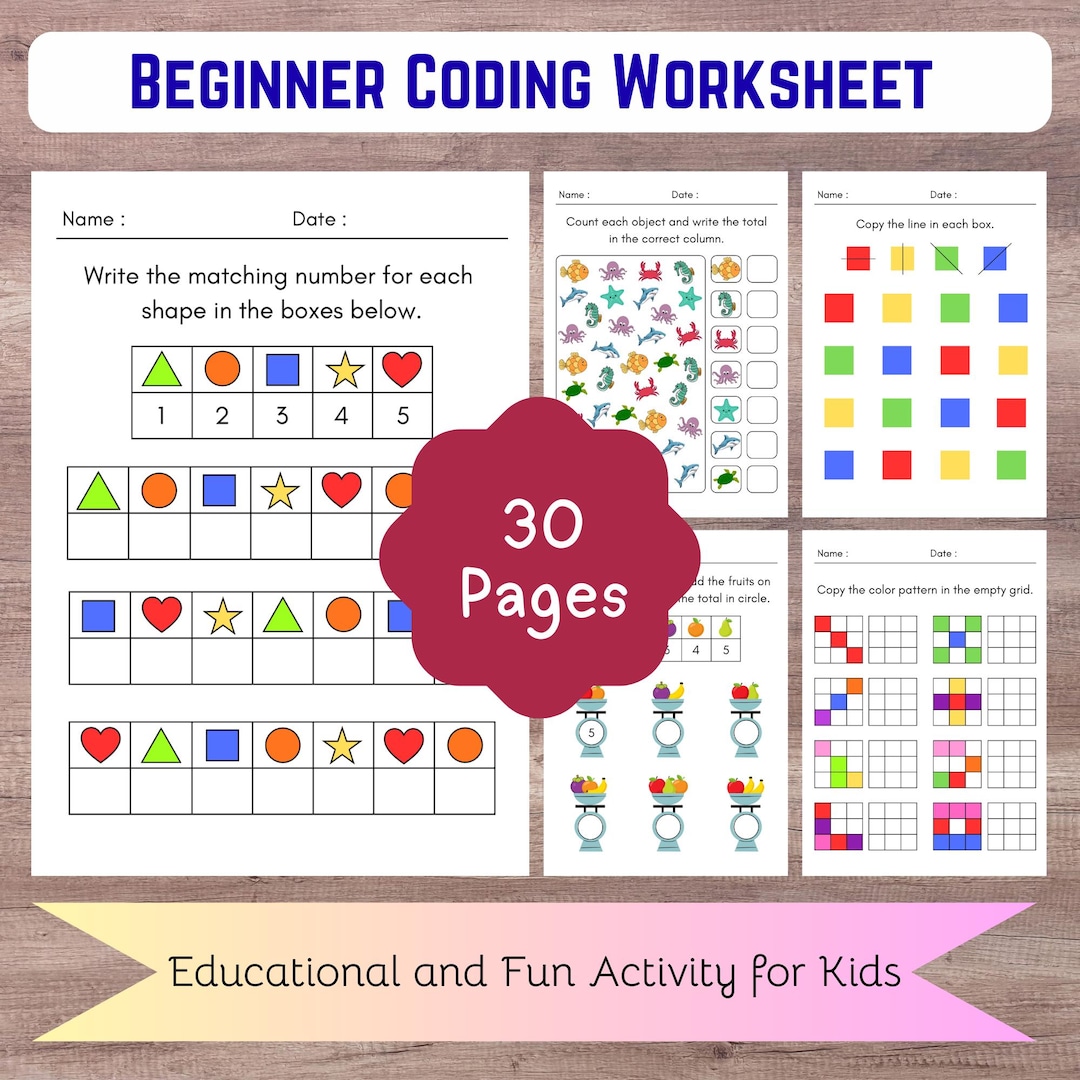 Beginner Coding Worksheet for Kids, 30 Printable Activities, Logic ...