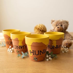 Personalized Hunny Pot Favors - Bee Baby Shower Centerpiece Set, Hand Painted Bear Theme Decor