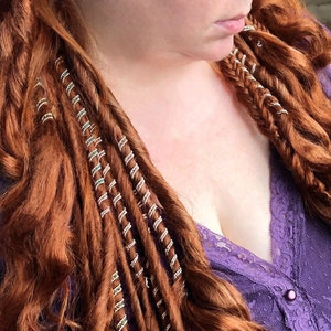 Alternative silver hair cuff for locks and braids with natural beads.