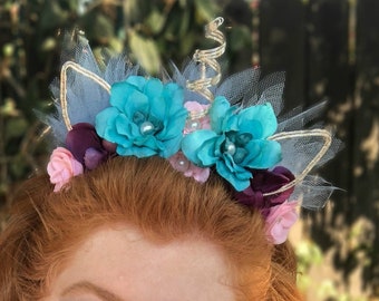 Unicorn Headband Flower Crown, Unicorn Halloween Costume Adult Headband, Unicorn Horn Headband with Flowers, Unicorn Crown Tiara