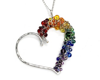 Rainbow Heart Pendant, Beaded Wire Wrapped Gay Pride Necklace - Crystal Beaded "LOVE is LOVE" - LGBT Pride Month Jewelry