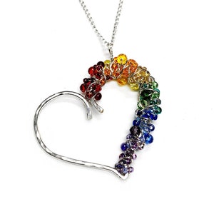 Rainbow Heart Pendant, Beaded Wire Wrapped Gay Pride Necklace - Crystal Beaded &quot;LOVE is LOVE&quot; - LGBT Pride Month Jewelry