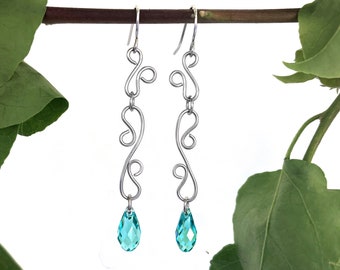 Extra Long Thin Dangle Earrings with Austrian Crystal Briolette Tear Drop Beads - CHOOSE YOUR COLOR - Elegant Dainty Earrings