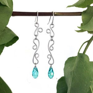 Extra Long Thin Dangle Earrings with Austrian Crystal Briolette Tear Drop Beads - CHOOSE YOUR COLOR - Elegant Dainty Earrings