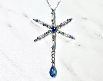 Snowflake necklace with blue dangle on sterling silver chain - Large Snowflake pendant for for a Christmas gift for her