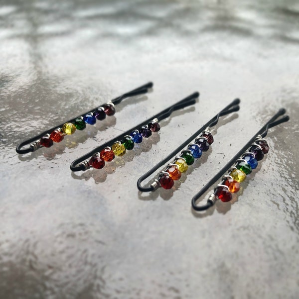 Beaded Rainbow Bobby Pins, Gay Pride Jewelry, Colorful Hair Pins, Rainbow Barrette, LGBT Hair Jewelry, Rainbow Hair Clips, Hair Pin Set