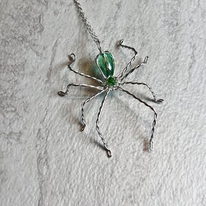 Beaded Spider Necklace - Silver Spider Necklace with Green Beads Pendant - Halloween Necklace