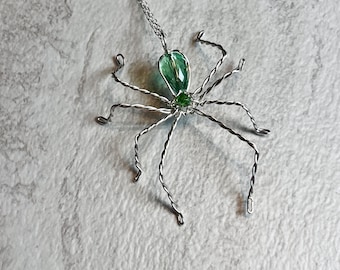 Beaded Spider Necklace - Silver Spider Necklace with Green Beads Pendant - Halloween Necklace