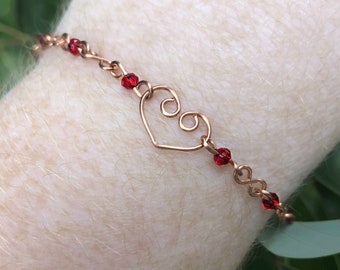 Heart Bracelet Valentine's Day Gift - Hearts & Infinity Symbols, Copper wire bracelet with red faceted beads, Wire-wrapped love bracelet