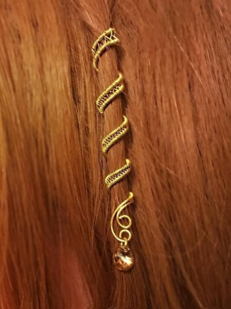 Brass wire-wrapped hair cuff for locs with optional gemstone.