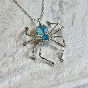 Blue Beaded Spider Necklace - Silver Sparkly Spider Pendant - Halloween Necklace