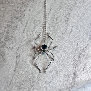 Metallic Green Beaded Spider Necklace - Silver Sparkly Spider Pendant with green beads - Halloween Necklace