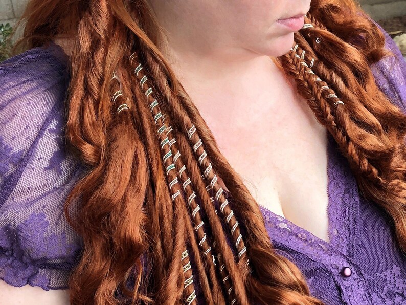 Alternative silver hair cuff for locks and braids with natural beads.