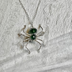 Green Beaded Spider Necklace - Silver Sparkly Spider Pendant - Halloween Necklace
