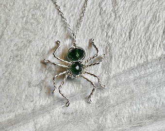 Green Beaded Spider Necklace - Silver Sparkly Spider Pendant - Halloween Necklace