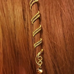 Artisan golden hair wrap with a delicate dangling bead for bridal parties