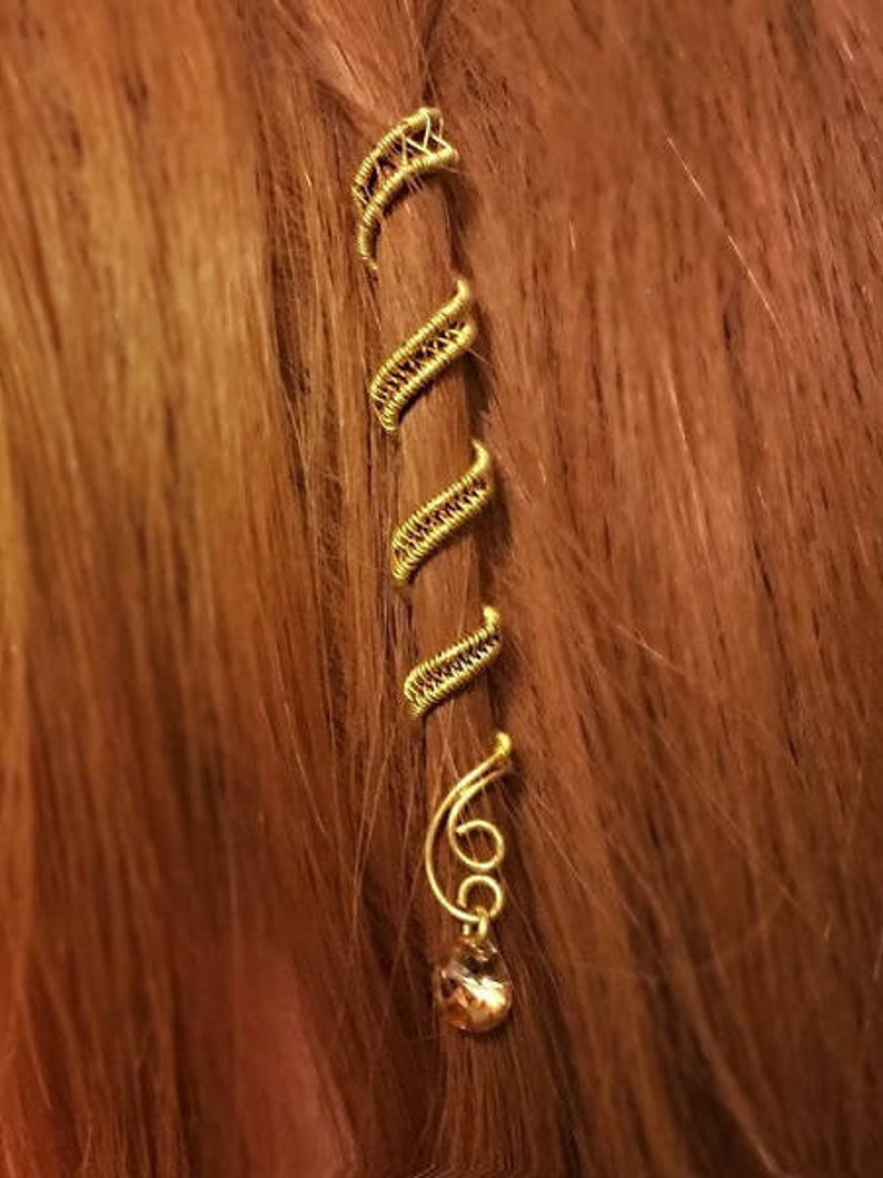 Artisan golden hair wrap with a delicate dangling bead for bridal parties