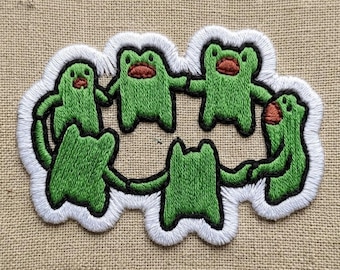 Cute Green Dancing Frogs Circle holding hands Embroidered Patch, Funny Weird Frog Friends, Whimsical Cottagecore Art Iron On, Frog Patch