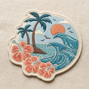 May include: Embroidered patch featuring a tropical beach scene. The design includes palm trees, ocean waves, a setting sun, and hibiscus flowers. The patch has a cream-colored border and is set against a neutral background.