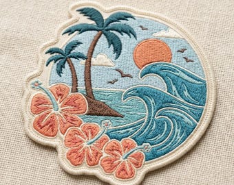 Tropical Beach Embroidered Patch, Ocean Wave Sunrise Applique (Iron-On)