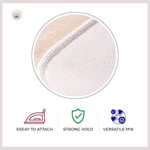 May include: Close-up of a white fabric with a beige fabric in the background, both with a stitched border. Below are icons with the text "EASY TO ATTACH", "STRONG HOLD", and "VERSATILE MIX".