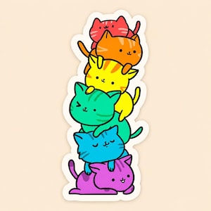 May include: A vertical sticker featuring a stack of six cartoon cats in rainbow colors. From top to bottom, the cats are red, orange, yellow, green, blue, and purple. Each cat has simple facial features, small ears, and a striped pattern.