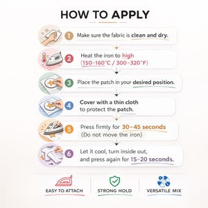 May include: Illustrated guide titled "HOW TO APPLY" with numbered steps for applying a patch. Instructions include cleaning fabric, heating iron to 300-320&deg;F, positioning the patch, covering with cloth, pressing for 30-45 seconds, and cooling. Features icons and text.