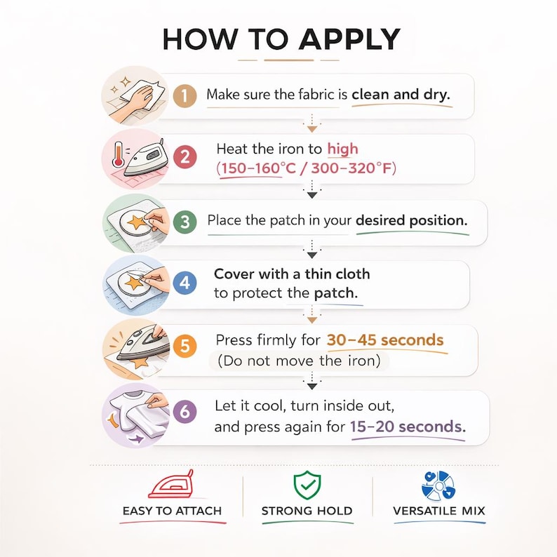 May include: Illustrated guide titled "HOW TO APPLY" with numbered steps for applying a patch. Instructions include cleaning fabric, heating iron to 300-320&deg;F, positioning the patch, covering with cloth, pressing for 30-45 seconds, and cooling. Features icons and text.