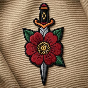 May include: Embroidered patch featuring a red flower pierced by a dagger. The flower has a yellow center and green leaves. The dagger has a black handle and silver blade. The patch is on a tan fabric background.