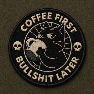Coffee First Bullshit Later Patch, Funny Black Cat Iron On Badge, Sarcastic Office Morale Decal, Grumpy Kitten Backpack Sign