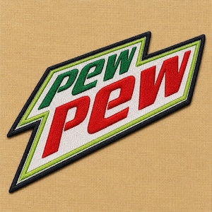 May include: Embroidered patch featuring the text "PEW PEW" in green and red, set against a white background. The design is outlined in black and green, with a stylized, angular shape. The patch is likely for clothing or accessories.