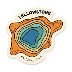 May include: A die-cut sticker featuring a stylized map of Yellowstone National Park. The design includes concentric contour lines in shades of orange, yellow, green, and blue, with the words "YELLOWSTONE NATIONAL PARK" in black text.