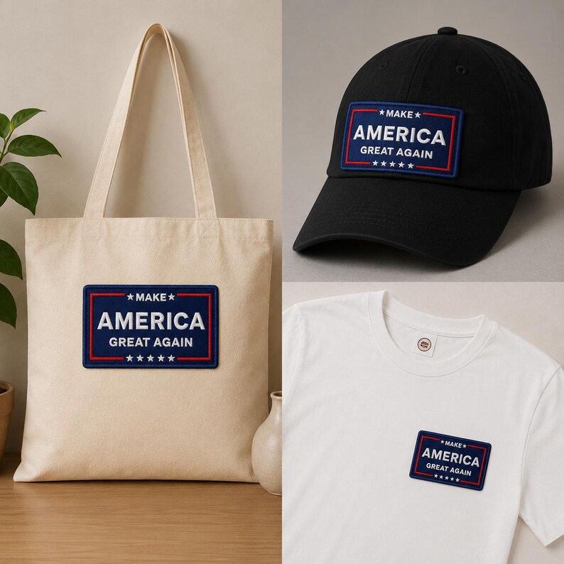 May include: A beige tote bag, a black baseball cap, and a white t-shirt, each featuring a rectangular patch. The patch has a blue border with the words "MAKE AMERICA GREAT AGAIN" in white, and five white stars.