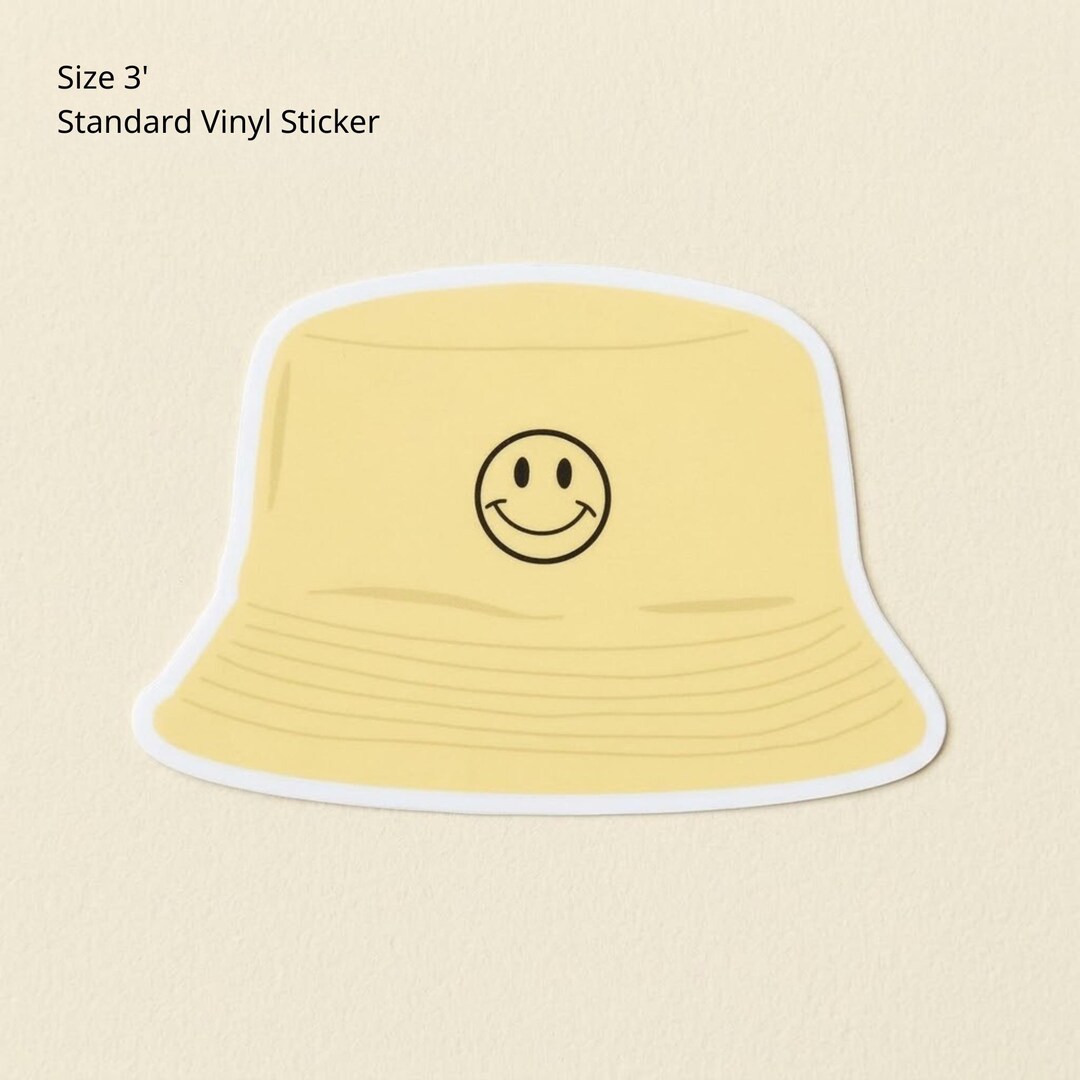 Smiley Face Bucket Hat Sticker, Cute Yellow Aesthetic Sticker, Happy ...