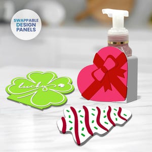 Holiday Hand Soap Holders with Swappable Designs for Valentine's Day, St Patrick's Day and Christmas Set  — Digital 3D Print Files STL / 3MF