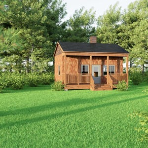 May include: A small wooden cabin with a dark roof and a porch, set in a grassy area surrounded by trees. The cabin has a chimney and windows, creating a peaceful, natural scene.