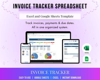 May include: An invoice tracker spreadsheet template displayed on a laptop, tablet, and smartphone. The image includes the text "INVOICE TRACKER SPREADSHEET" and "Excel and Google Sheets Template". The template helps track invoices, payments, and due dates.