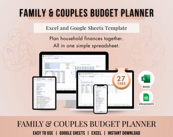 Family Budget Planner Spreadsheet, Monthly & Annual Household Budget for Couples, Google Sheets and Excel, Expense, Bill and Debt Tracker
