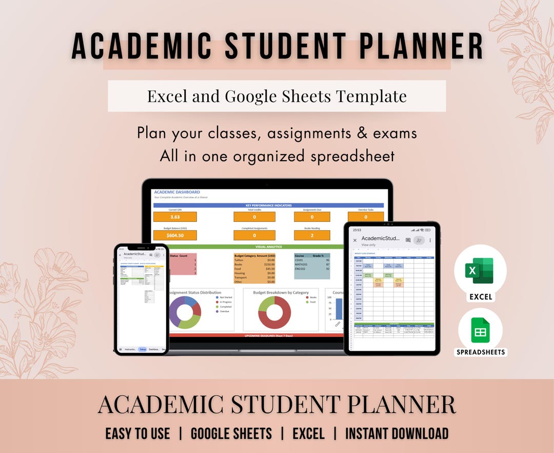 Academic Spreadsheet In Student Planner Spreadsheet, Academic Assignment Tracker, Google Sheets ...