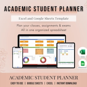 Könnte beinhalten: Ein akademischer Studentenplaner-Template, dargestellt auf einem Laptop, Tablet und Smartphone. Die Vorlage ist für Excel und Google Sheets konzipiert, mit dem Text "Planen Sie Ihre Kurse, Aufgaben und Prüfungen". Das Bild enthält auch die Excel- und Spreadsheets-Logos.