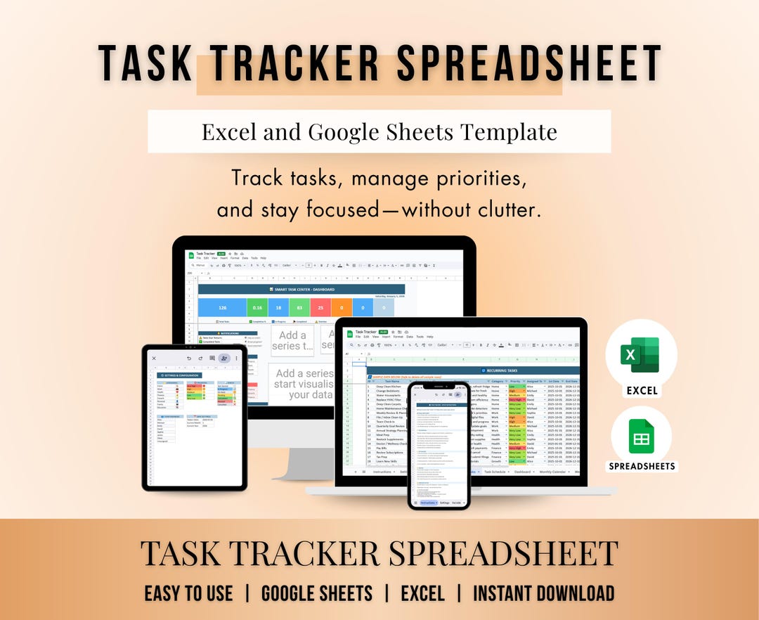 Task Tracker Spreadsheet, to Do List Planner, Google Sheets & Excel ...